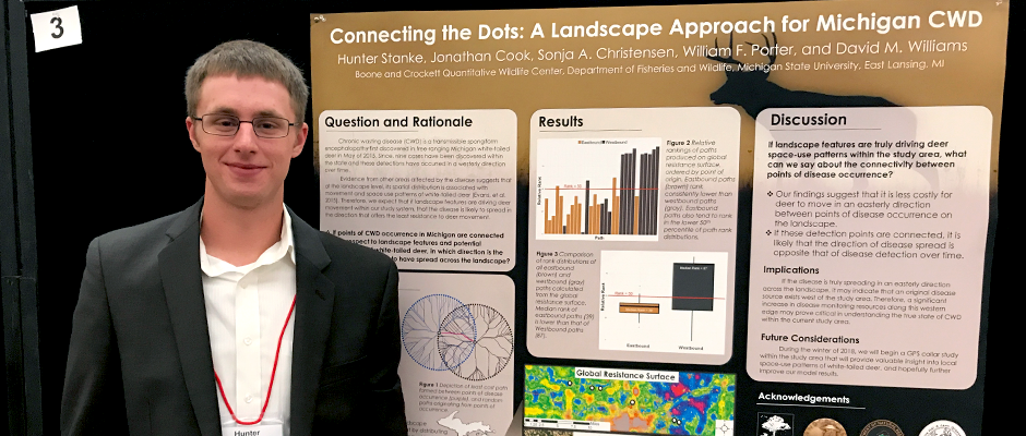MSU student Hunter Stanke presented his joint research with David Williams, Sonja Christensen and Jonathan Cook from the Boone and Crockett Quantitative Wildlife Center in 2017 at the International Meeting of the Wildlife Society.