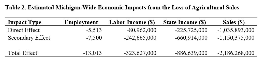 Table showing the monetary direct and secondary effects as a result of the loss of agricultural sales in the areas of employment, labor income, state income and sales. 