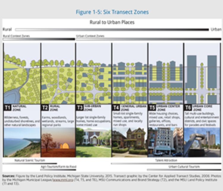 This figure from the Placemaking Guidebook shows the six transect zones.