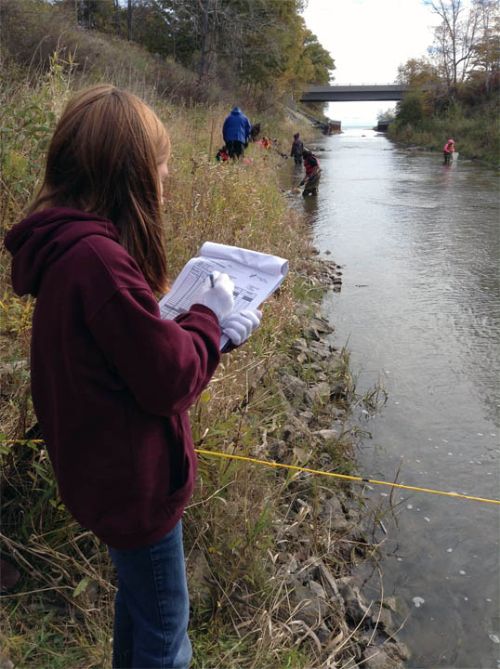 A student group-leader records data on the physical attributes of the river as classmates perform different tests in the background. Photo credit: NEMIGLSI