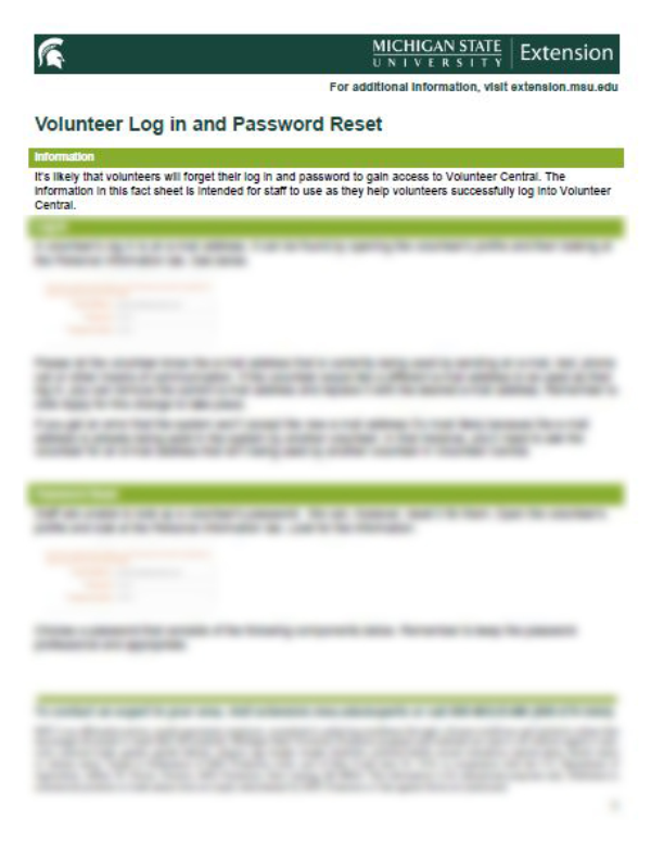 Thumbnail of Volunteer Central: Volunteer Log In and Password Reset document.