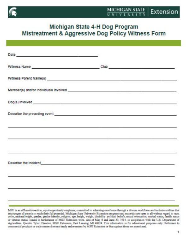 Thumbnail of Michigan State 4-H Dog Program Mistreatment & Aggressive Dog Policy Witness Form document