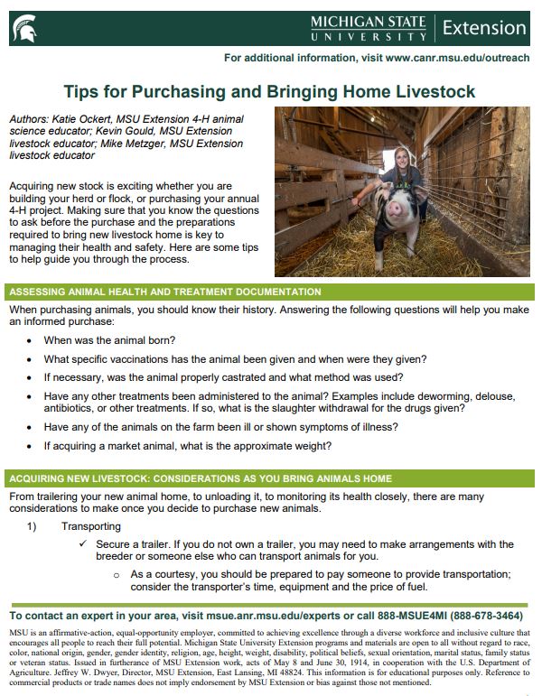Tips for Purchasing and Bringing Home Livestock cover page.
