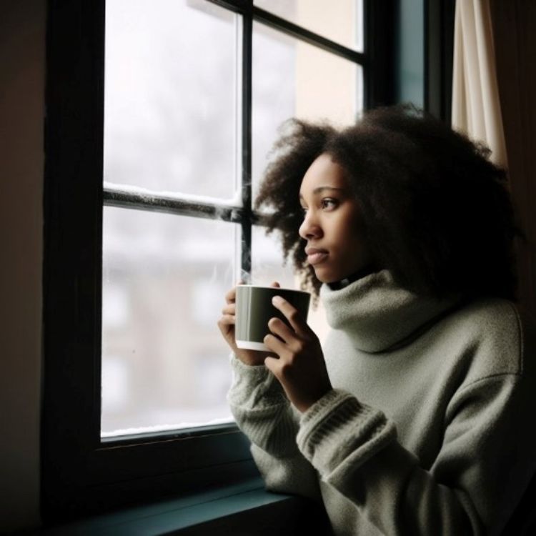 A young woman looking out the window with a cup of coffee in her hand.