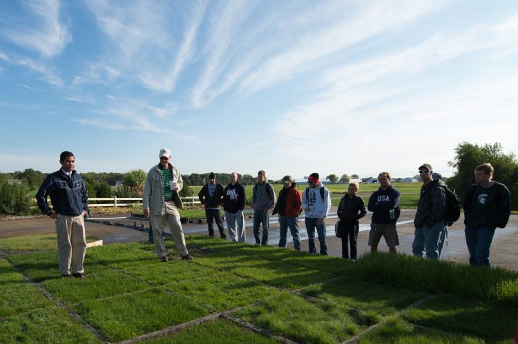 File photo of a turfgrass class with students at the Hancock Turfgrass Research Center on the campus of Michigan State University.