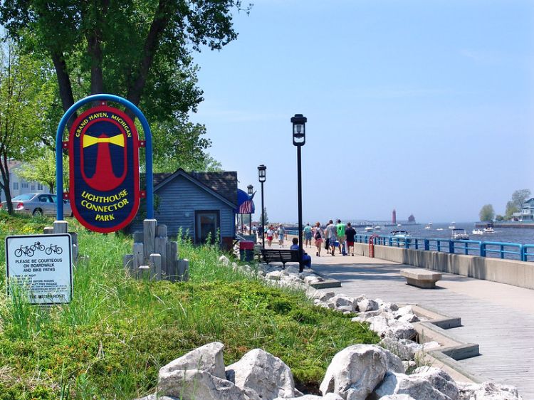 Grand Haven Boardwalk is shown on a sunny day.