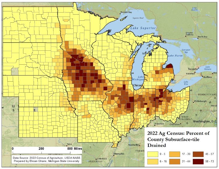 map of Midwest US denoting percent of county subsurface tile.