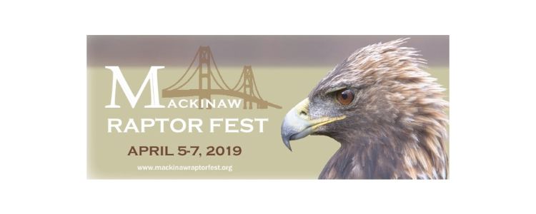 A logo with the words Mackinaw Raptor Fest, April 5-7, 2019 shows the Mackinac Bridge in the background and a large golden eagle head off to the side. Website address www.mackinawraptorfest.org appears across the bottom.