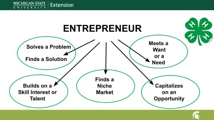 A diagram showing an entrepreneur solves problems and finds solutions, meets a want or need, finds a niche market, capitalizes on opportunity and builds on a skill, interest or talent.