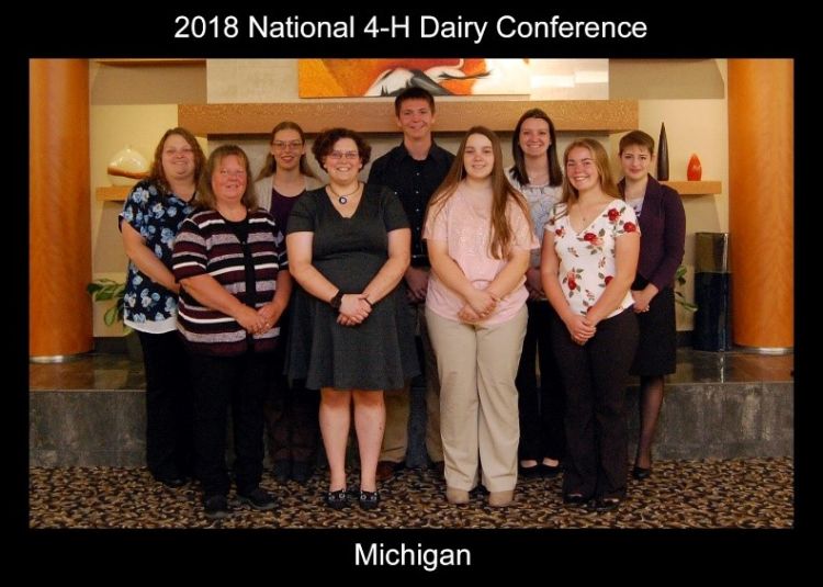 A delegation of Michigan 4-H’ers and adult chaperones attended the 2018 National 4-H Dairy Conference in Madison, Wisconsin, in early fall. Pictured are (front row from left): Cathy Fry, Melissa Elischer, Olivia Coffey, Rebecca Dunn, (back row from left) Regina Coffey, Katie Wilson, Matthew Poling, Olivia Walker, Addy Battel. (Photo courtesy National 4-H Dairy Conference and Dave Winston.)