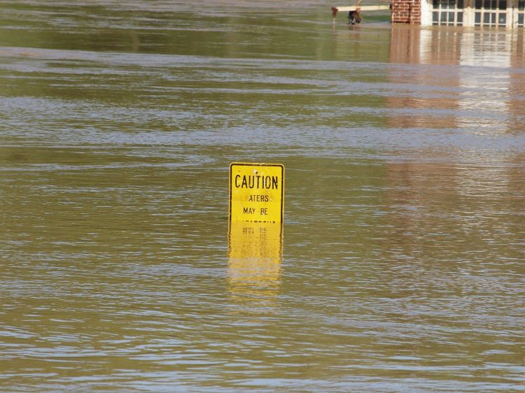 A caution sign floating in floodwaters.