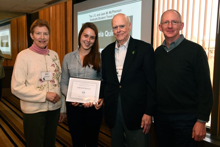 Jean and Jay McPherson with the first recipient of their new travel award, Gabriela Quinlan and advising professor Rufus Isaacs.