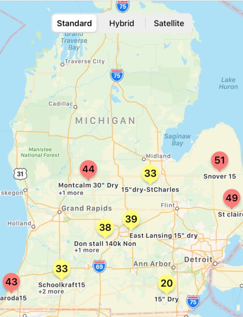 Map of Michigan with pins scattered throughout.