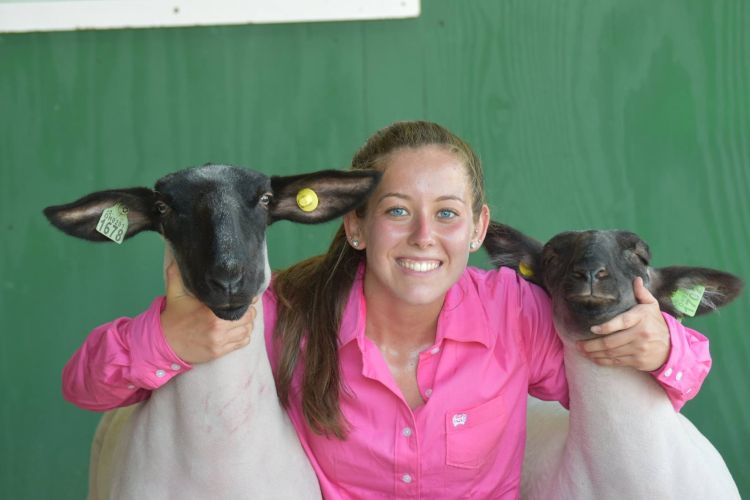 Samantha Beaudrie pauses for a photo opportunity with her lambs at the Monroe County Fair. Photo by Iris Rinaldi.