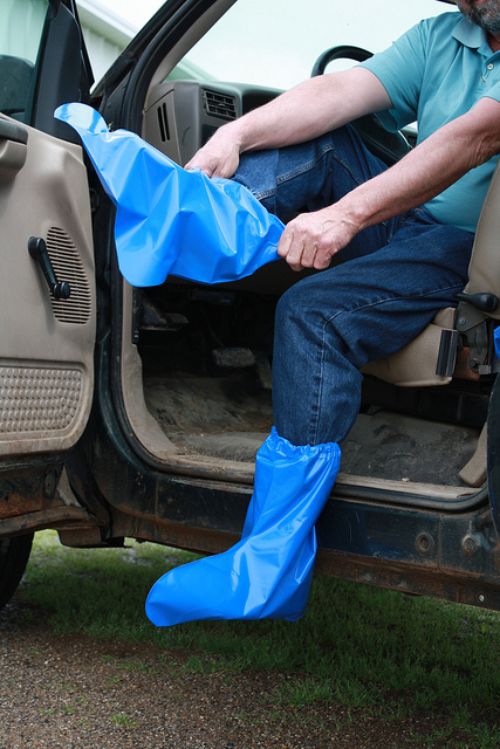 Disposable boots and gloves increase biosecurity at exhibition sites.