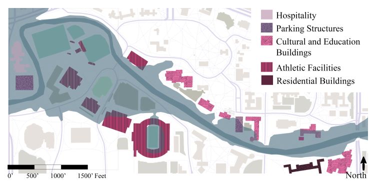 A map of the buildings and flood plan near the Red Cedar River at Michigan State University