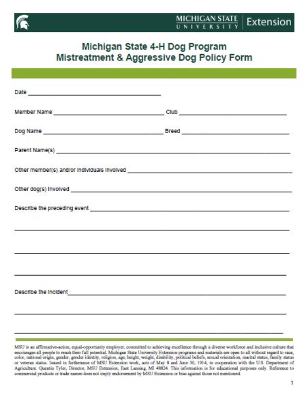 Thumbnail of Michigan State 4-H Dog Program Mistreatment & Aggressive Dog Policy Form document