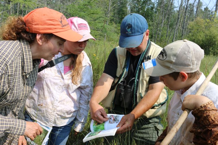 While standing outside in a field, two students and two researchers review information about the Emerald Hines Dragonfly in a book.