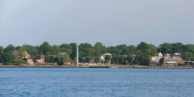 Skyline of St. Clair as seen across the St. Clair River, in St. Clair County, Mich. Photo courtesy of Wikimedia Commons user P199.