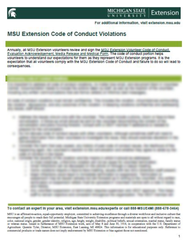 Thumbnail of MSU Volunteer Code of Conduct Violations document.
