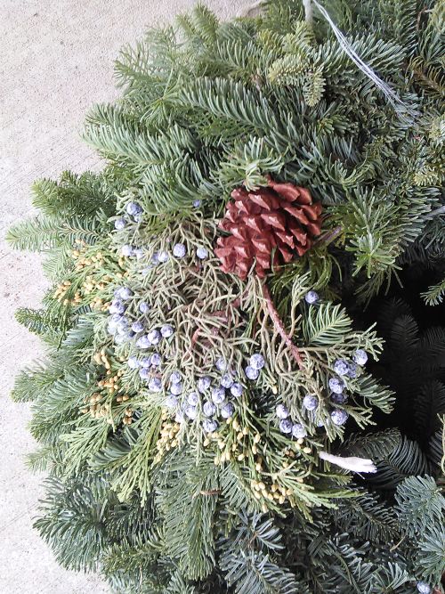 Fresh evergreen wreath using juniper (blue berries) and white cedar (green immature cones) for accents. This wreath is for sale at Bloomer’s Flowers and Gifts, Roscommon. Credit: Julie Crick