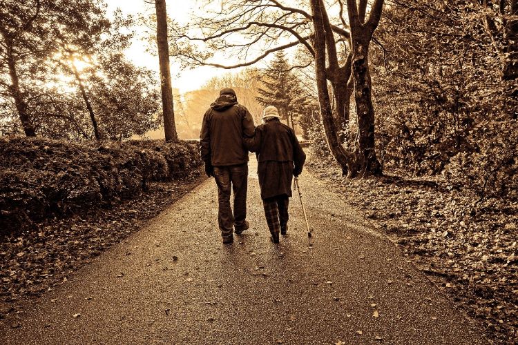 Two adults walking down a nature path, one holding a cane.