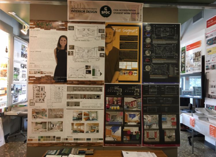 Photo showing a multitude of Interior Design Program Student Work boards.