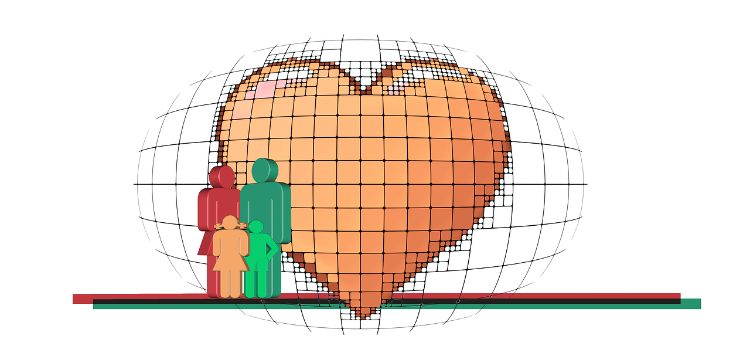 A graphic illustration of a family standing in front of a heart.