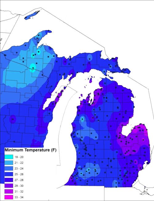 Minimum temperatures across Michigan