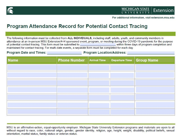 Thumbnail of the MSU Extension Program Attendance Record document.