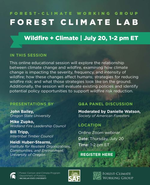 FCWG Forest Climate Lab, Wildfire + Climate, online webinar on July 20, 1-2 pm ET.