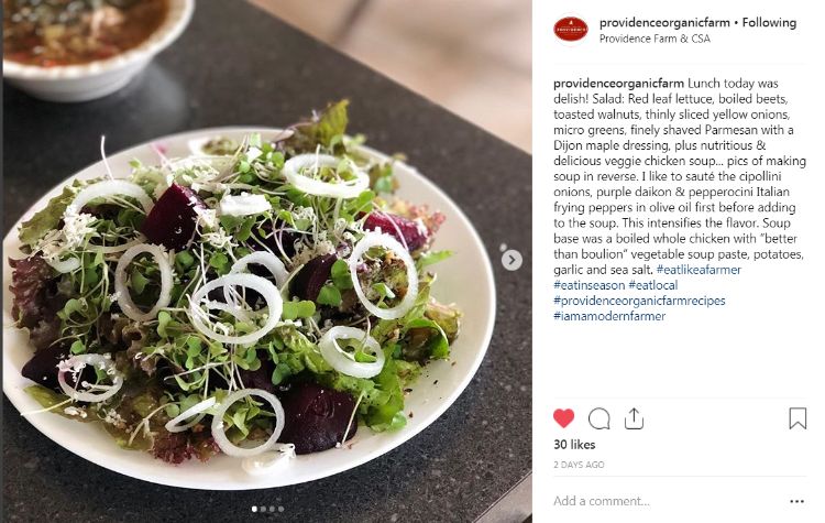 Post featuring a salad with locally produced ingredients on Providence Farm's Instagram page.