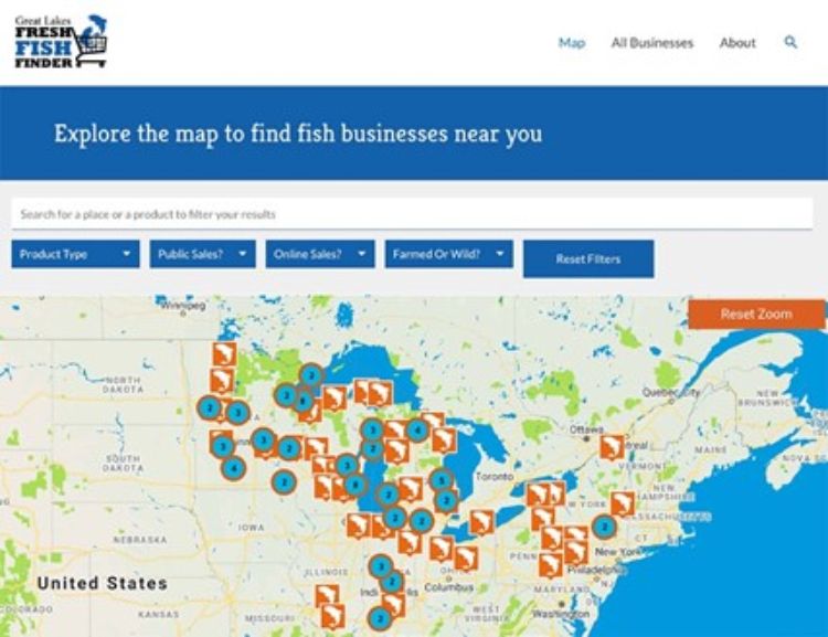 Screenshot shows the mapping tool of the Great Lakes Fresh Fish Finder website.
