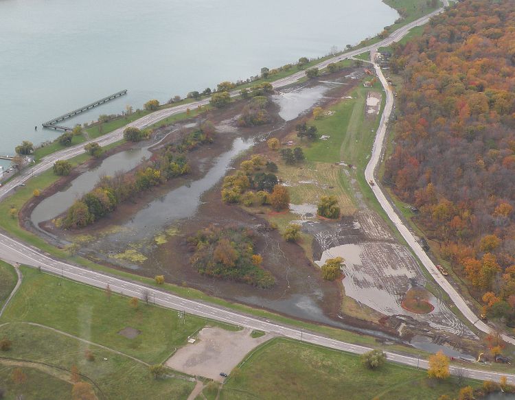 An aerial photograph overlooks the reconstruction project at Lake Okonoka. The project included 45 acres of aquatic and upland habitat.