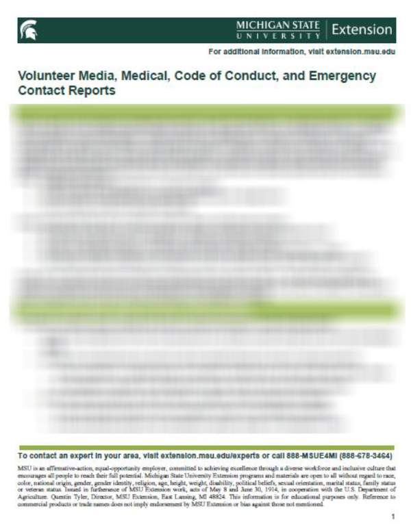 Thumbnail of MSU Extension Volunteer Media, Medical, Code of Conduct and Emergency Contact Reports document.