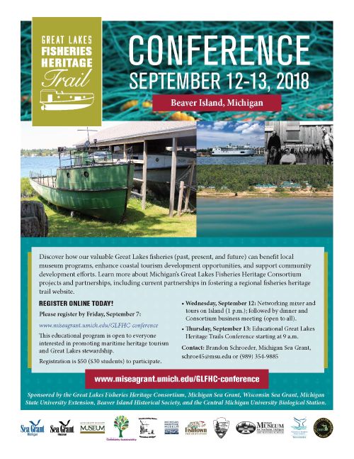 Poster describing Great Lakes Fisheries Heritage Conference to be held on Beaver Island, Sept. 12-13, 2018.