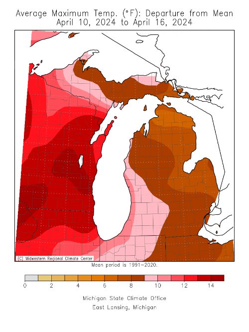 Map of Michigan showing average minimum temperature departure from mean April 10-16, 2024.