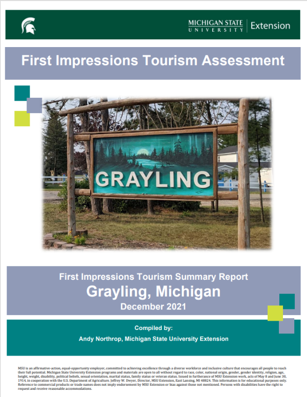 First Impressions Tourism Assessment cover photo with Grayling welcome sign.