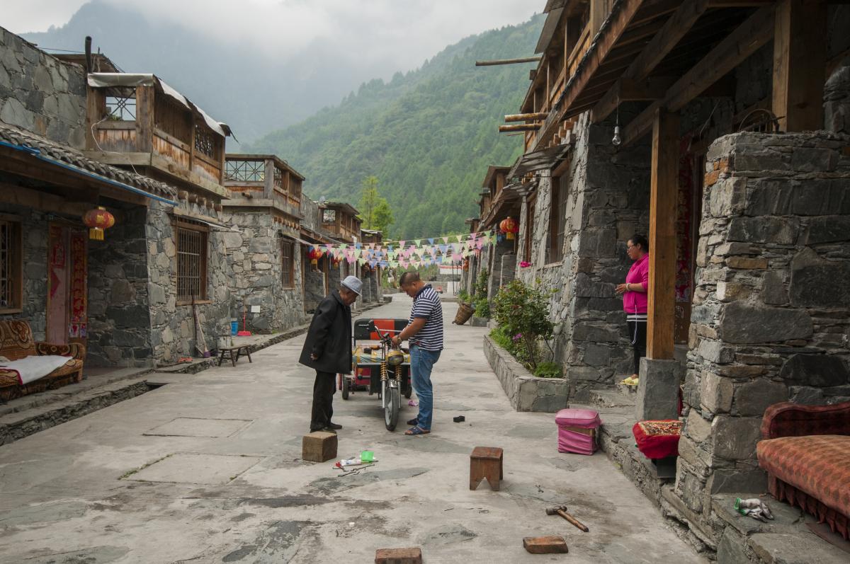 Residents of a housing resettlement in Wolong, China