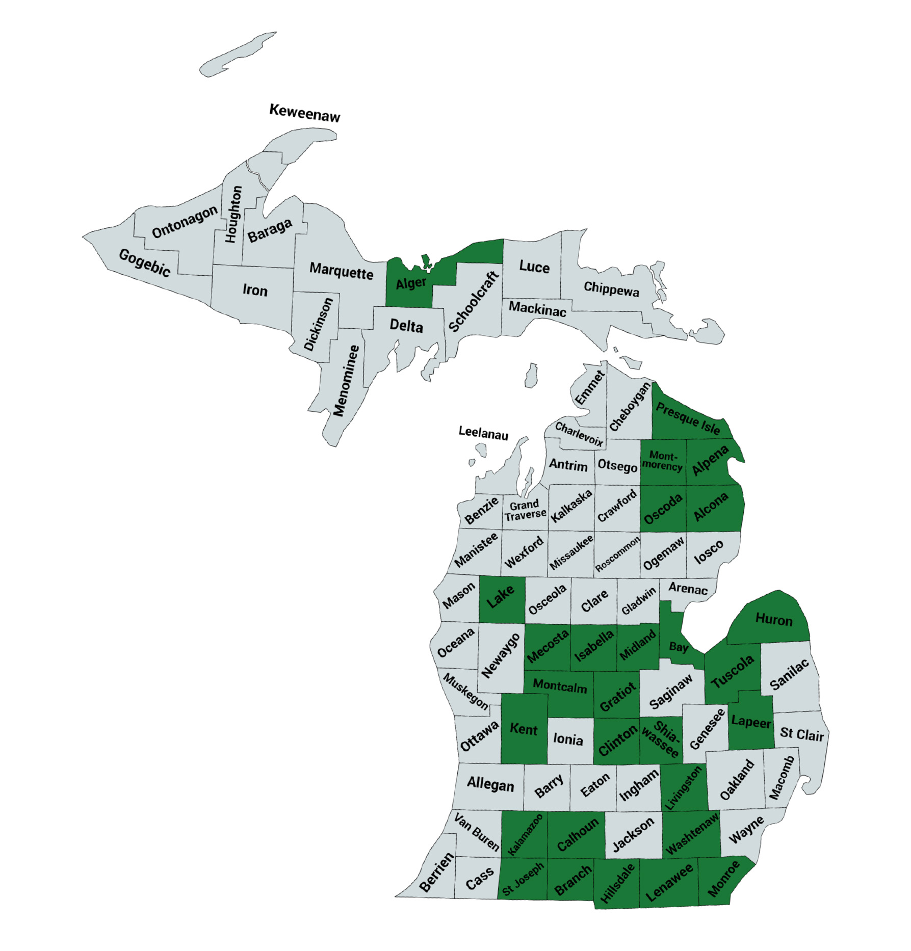 A map of Michigan showing the counties where soil samples were taken.