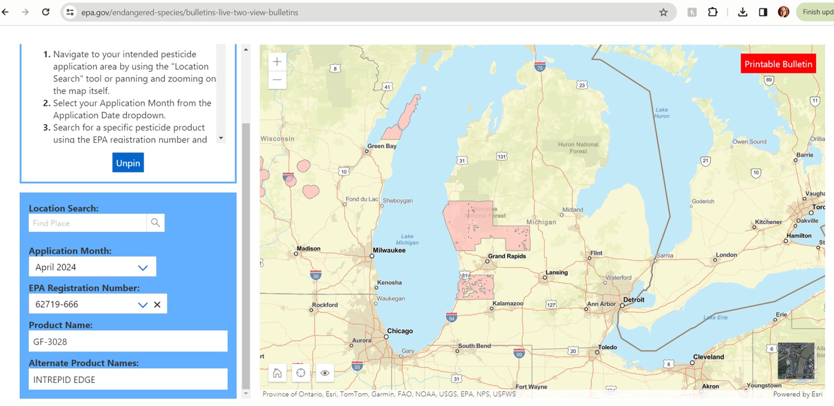 Screenshot of Bulletins Live Two website showing map of Michigan with pink areas highlighted.