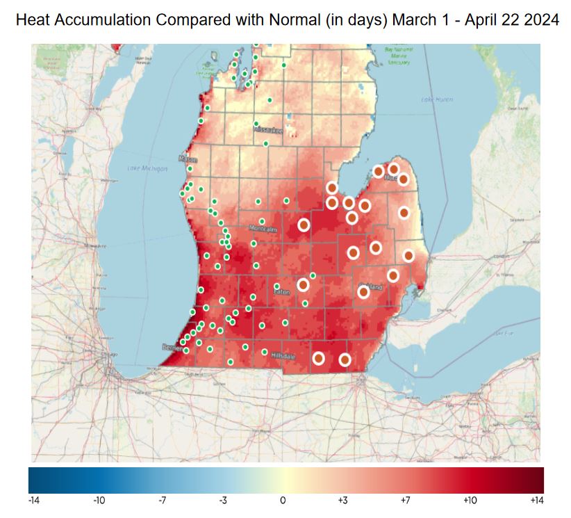 Map of Michigan showing heat accumulation compared with normal (in days) from March 1 - April 22, 2024.
