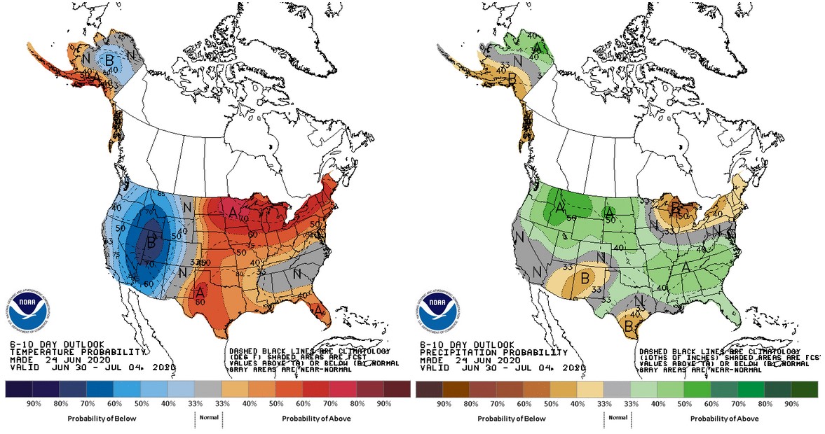 The 6-10 day outlook for temperature (left) and precipitation (right)
