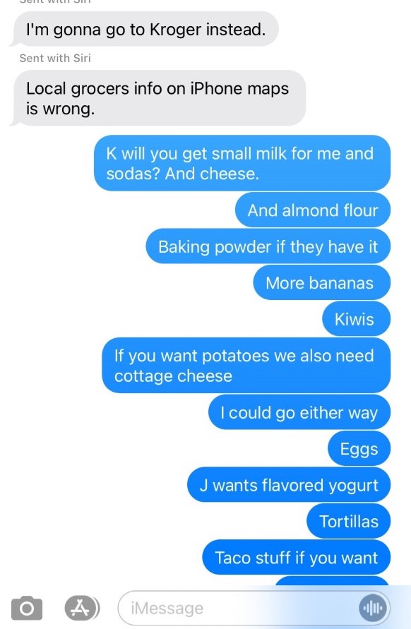 Screenshot of text conversation about groceries