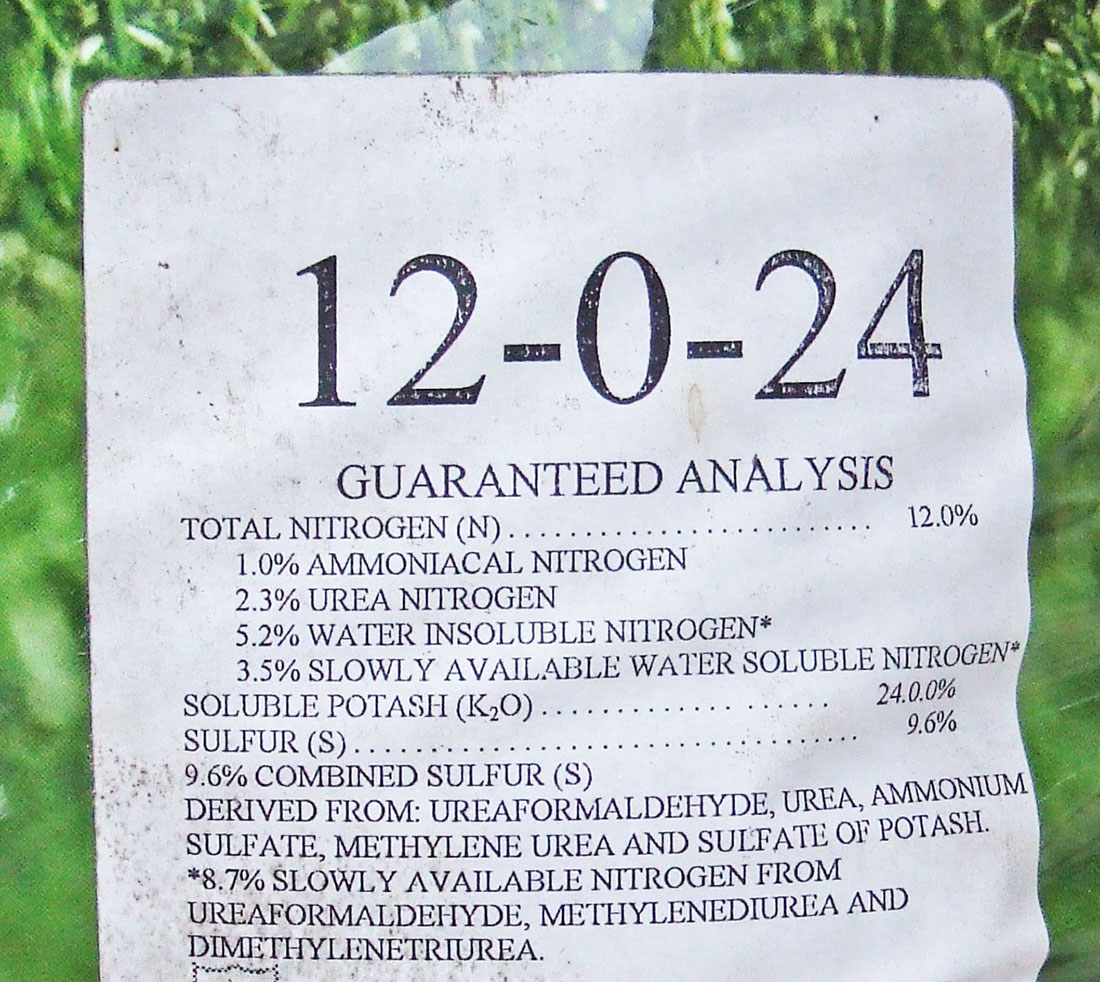 The guaranteed nutrient analysis label found on a bag of fertilizer