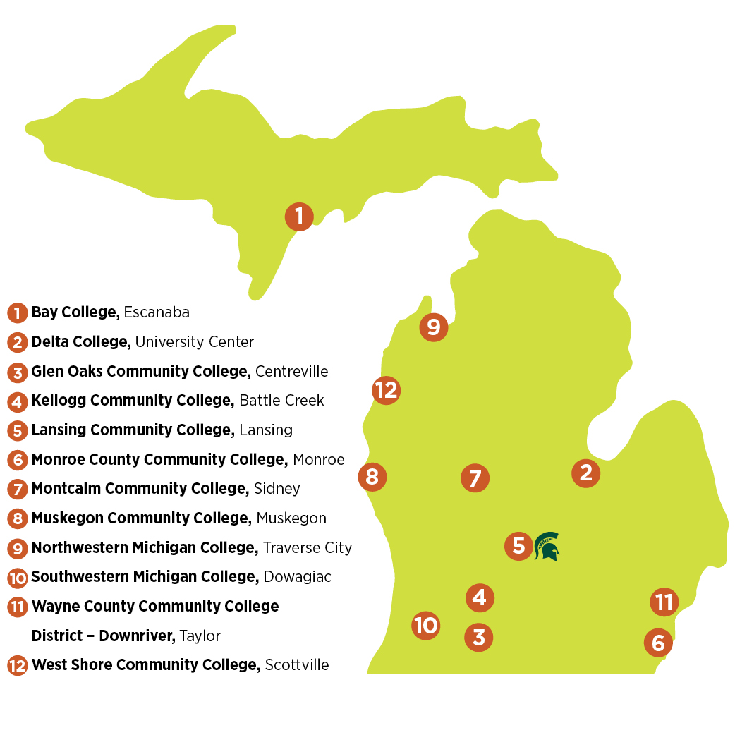 MSU IAT map showing locations in East Lansing, Escanaba, University Center, Centreville, Battle Creek, Monroe, Sidney, Muskegon, Traverse City, Dowagiac, Taylor and Scottville.