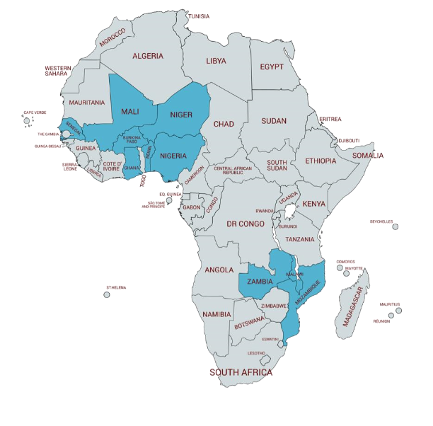 map of africa with eleven countires higlighted