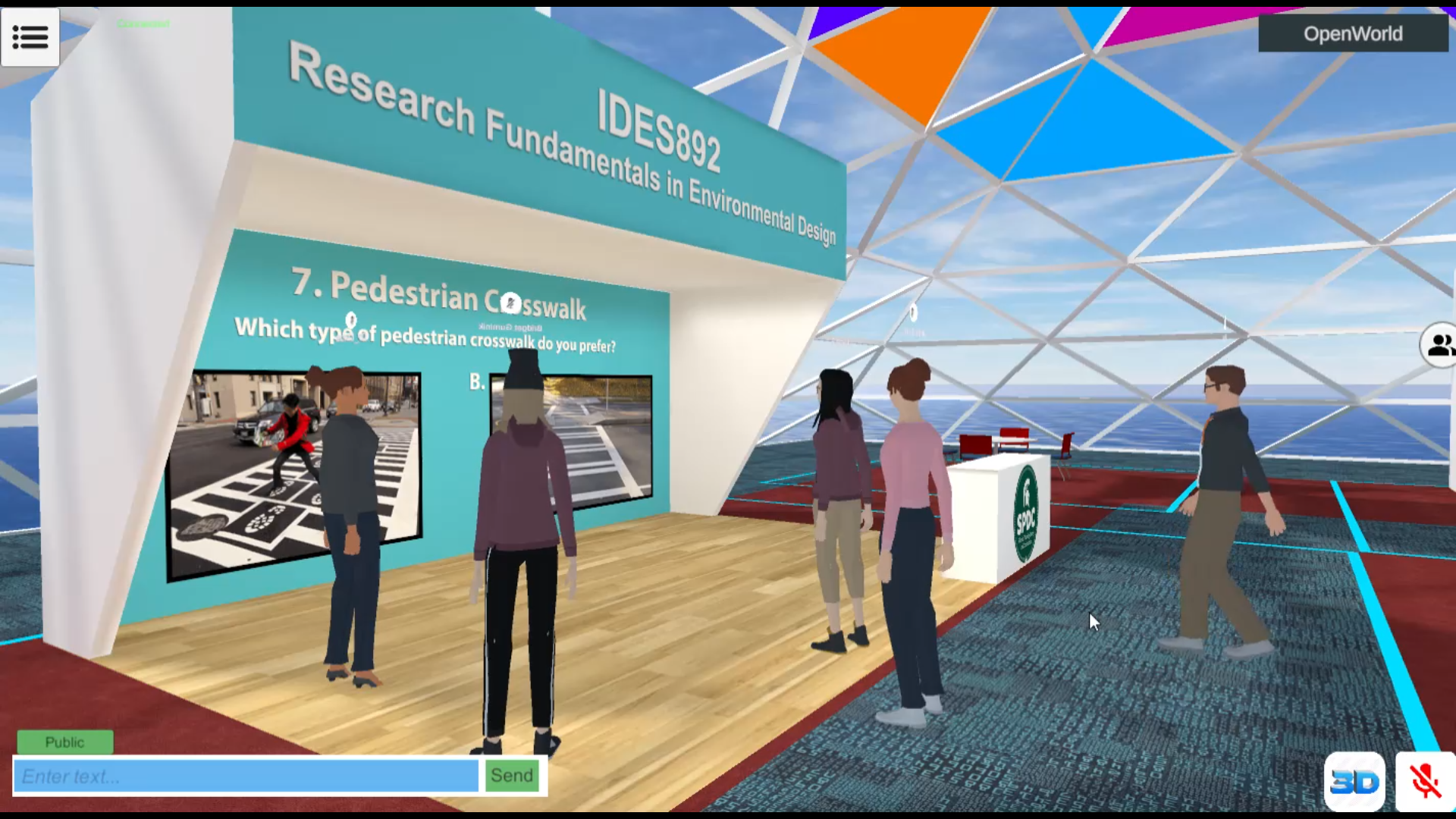 Students engaging within a 3D virtual reality environment as part of a class.