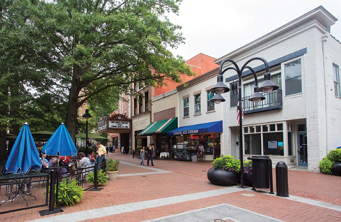 Historic downtown pedestrian mall in Charlottesvill, Virginia.