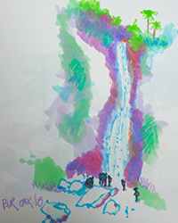 During the trip Jon Burley had a chance to visit a Volcano in Indonesia and drew this image of a waterfall.